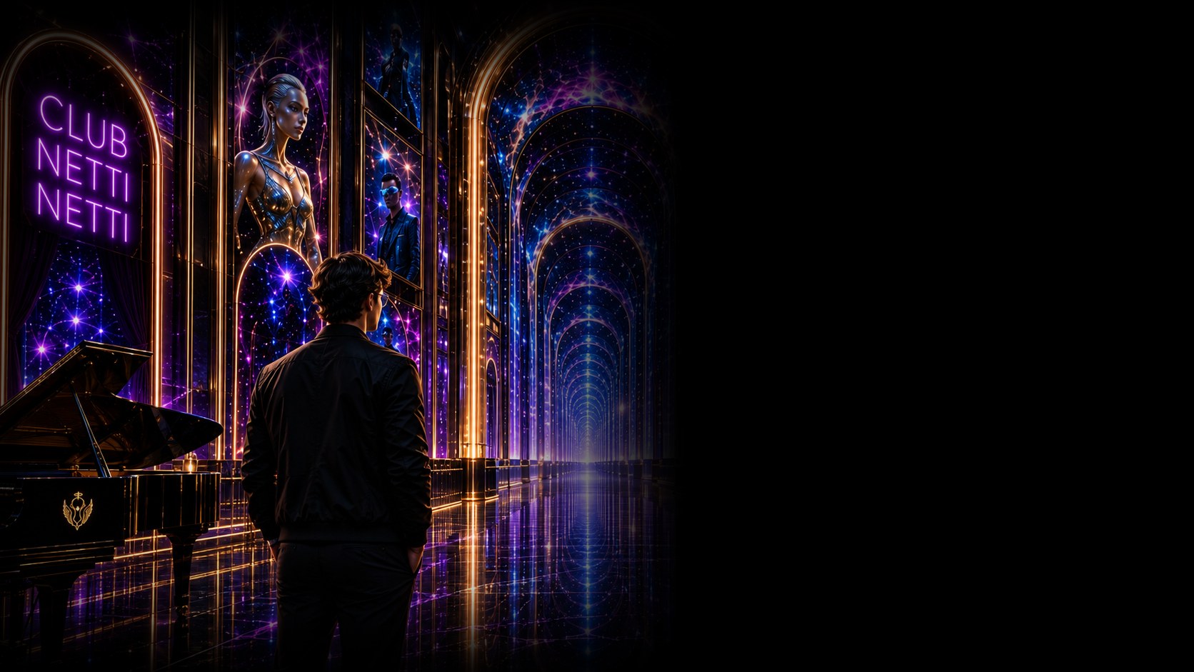 Adam standing before the neon arcades of Club Netti Netti.