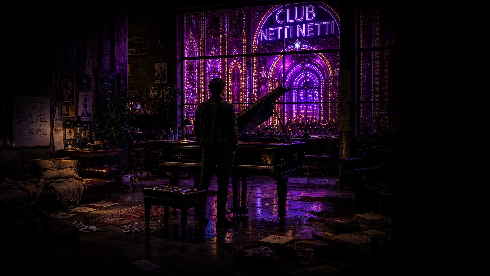 Adam at the window of his study, the Club Netti Netti marquee blazing outside.