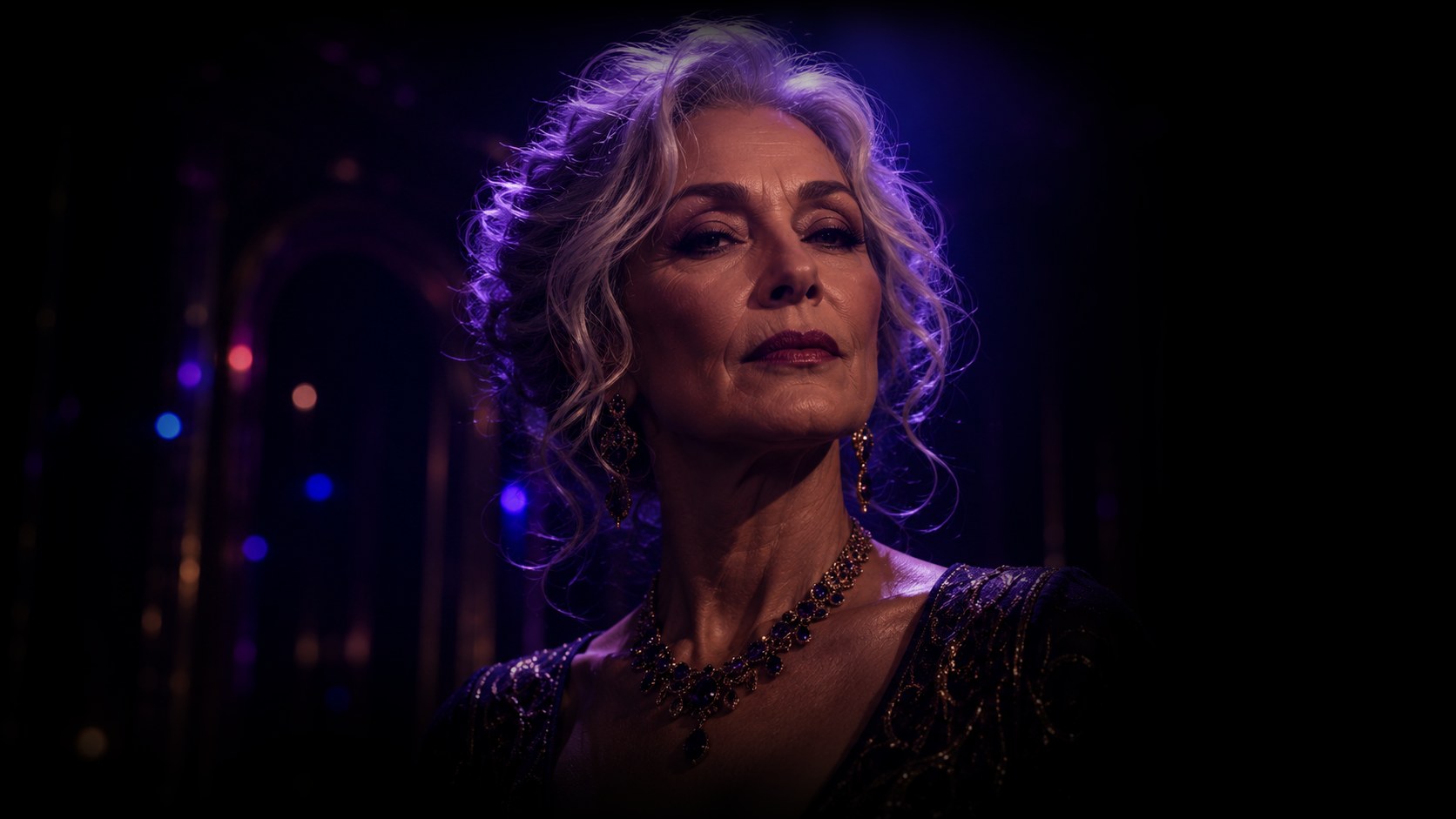 Magda, High Priestess of Club Netti Netti, lit in violet.