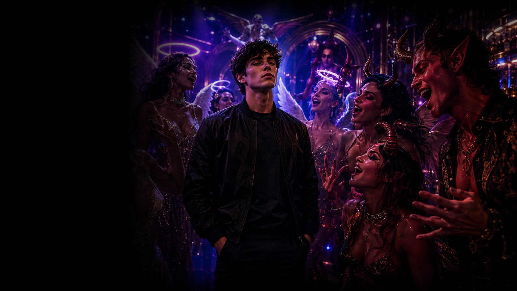 Adam surrounded by the Angels and Fallen Ones of Club Netti Netti.
