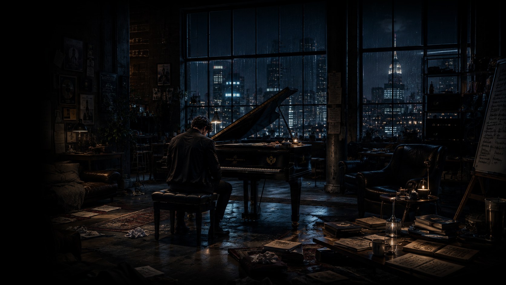 Adam Caldwell alone at a grand piano in his study, city lights beyond the window.