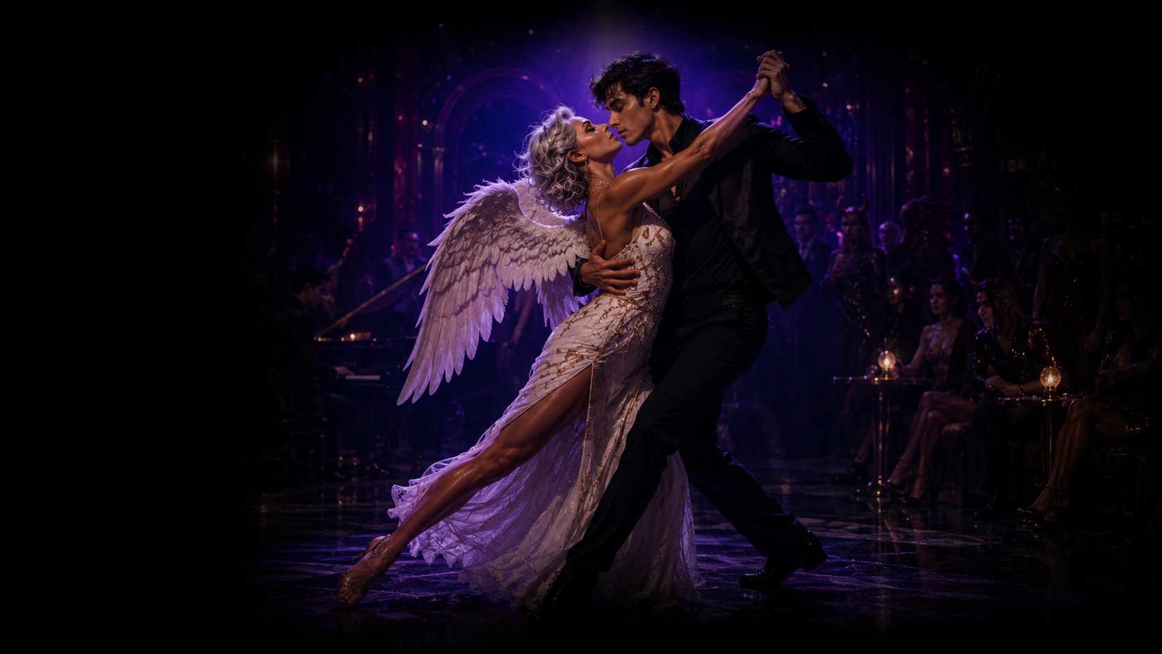 An Angel and Adam mid-tango on the mirrored floor of the Club.